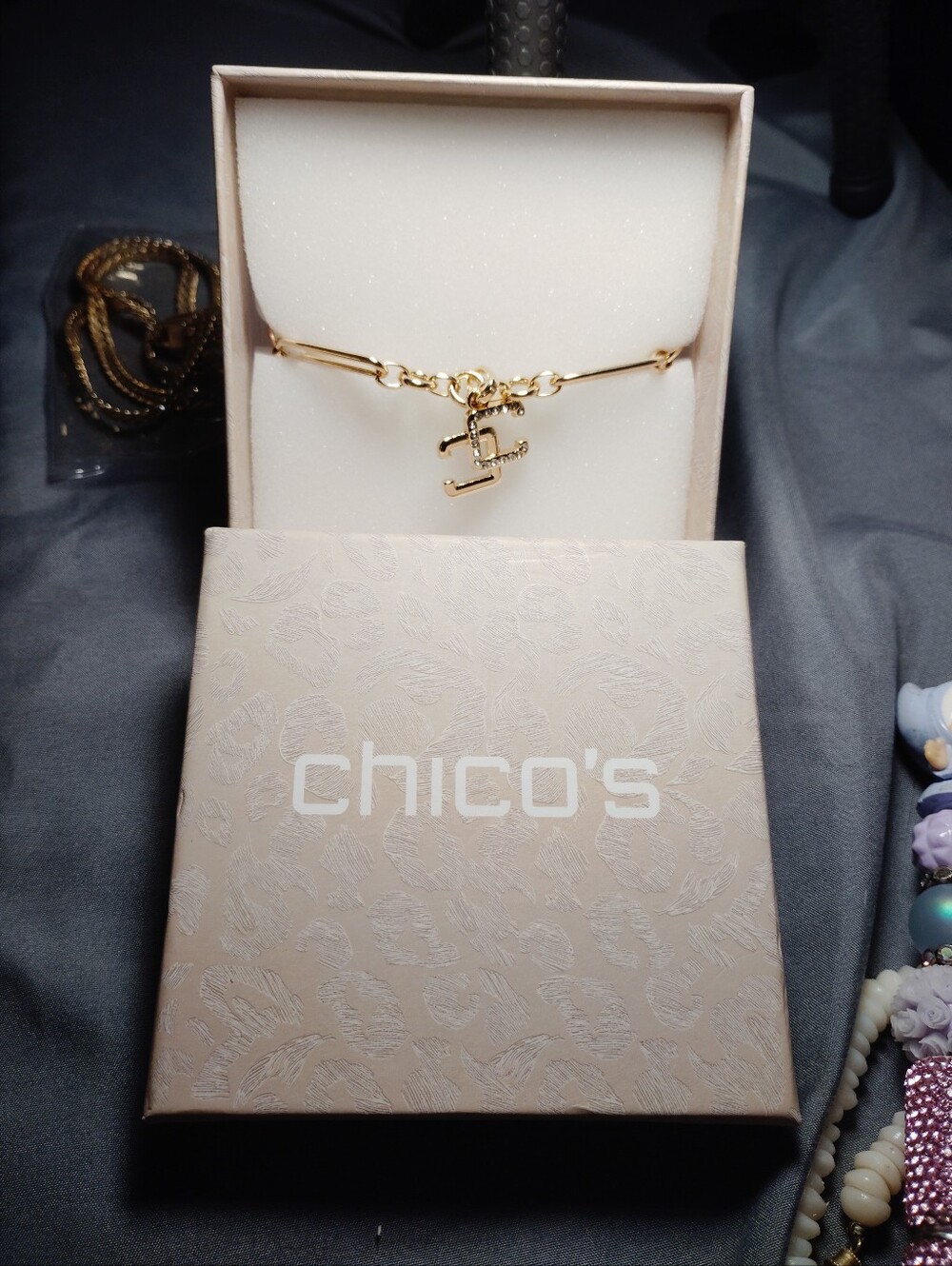 Chico's Gold Link Bracelet with Dangle Logo Charm